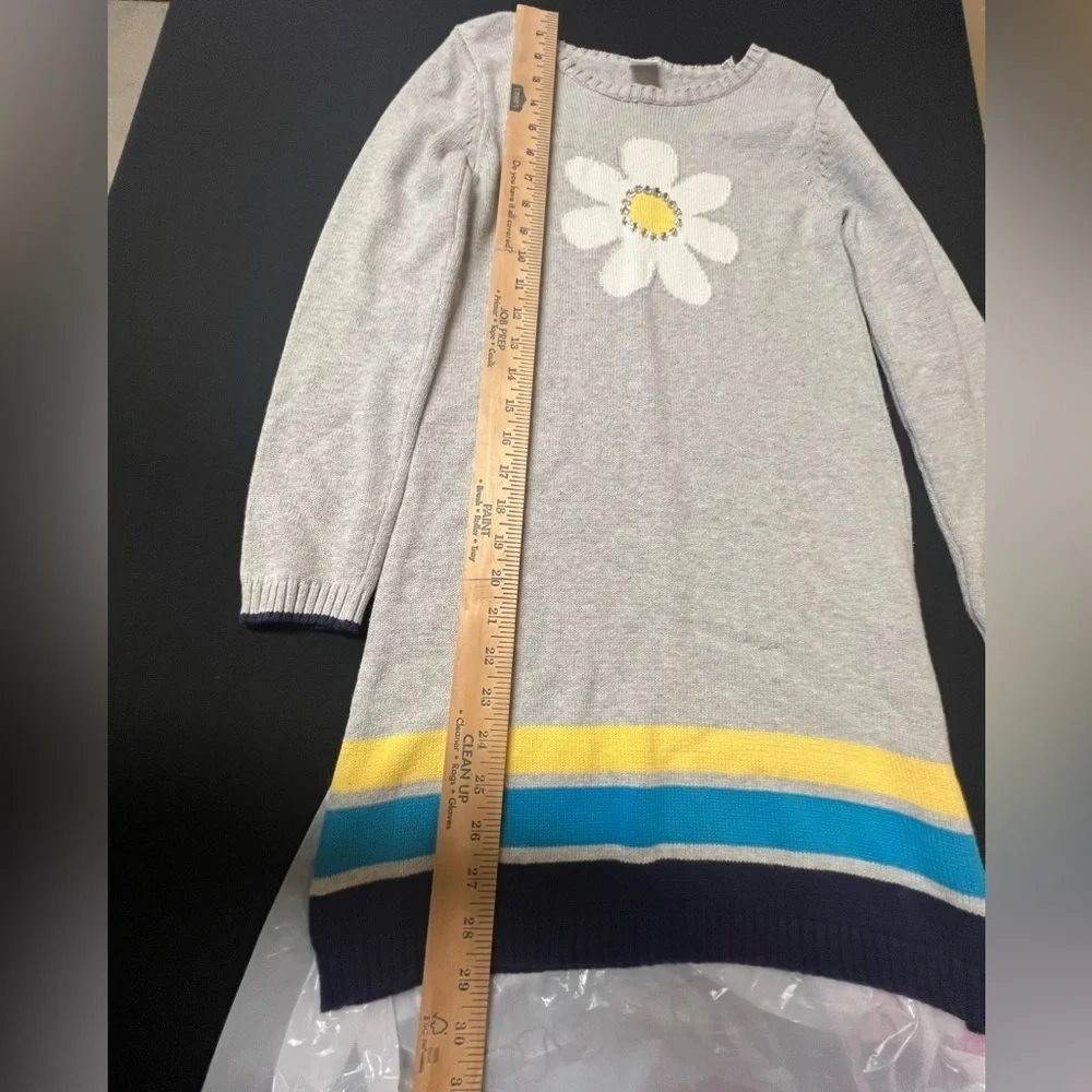 GYMBOREE GRAY SWEATER DRESS WITH YELLOW/TURQUOISE & NAVY BAND AT BOTTOM SIZE 10